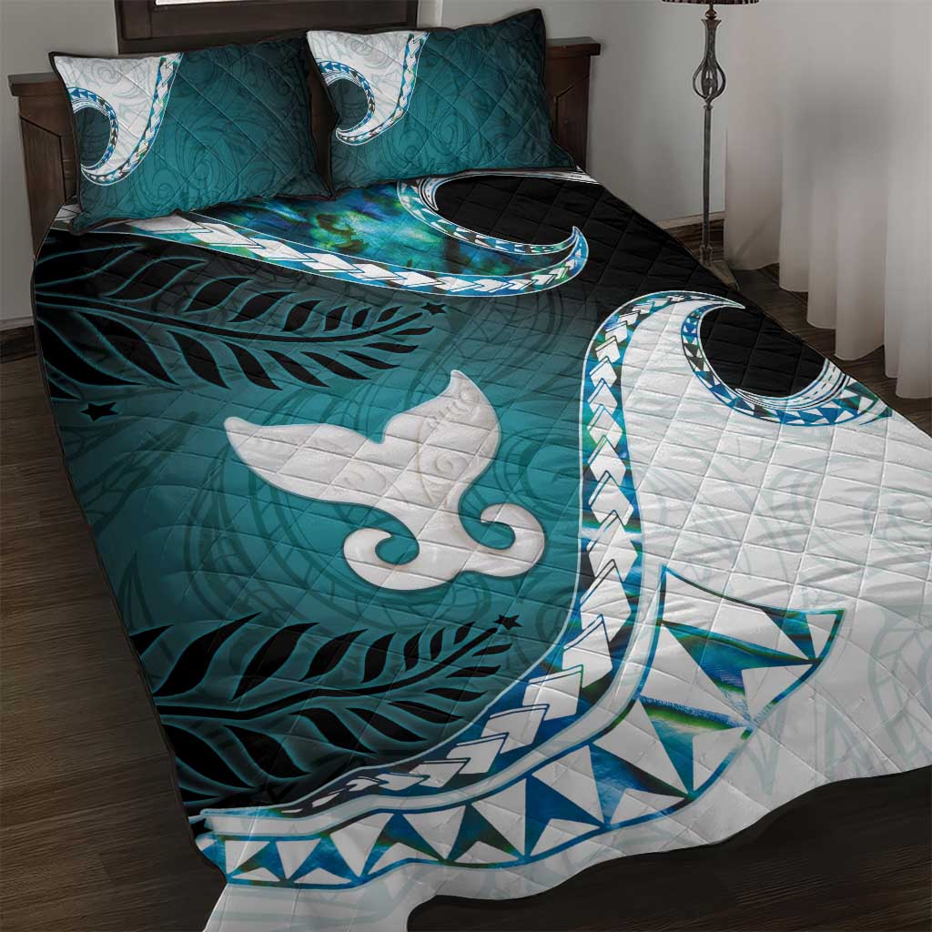 Aotearoa New Zealand Quilt Bed Set Maori Wera Paua Shell Teal Glitter