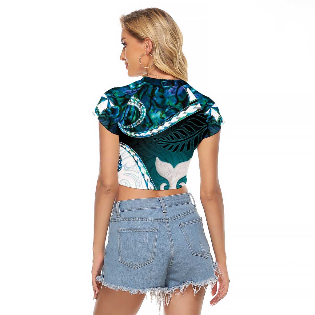 Aotearoa New Zealand Raglan Cropped T Shirt Maori Wera Paua Shell Teal Glitter LT05 - Polynesian Pride