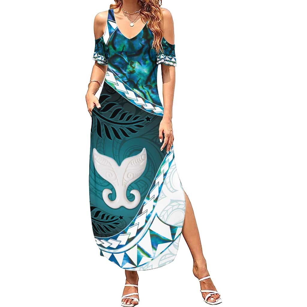 Aotearoa New Zealand Summer Maxi Dress Maori Wera Paua Shell Teal Glitter