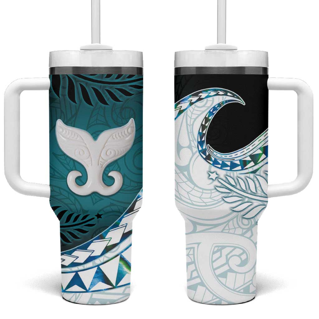 Aotearoa New Zealand Tumbler With Handle Maori Wera Paua Shell Teal Glitter LT05 One Size: 40 oz Teal - Polynesian Pride