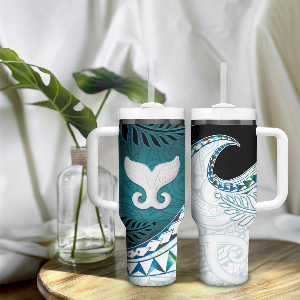 Aotearoa New Zealand Tumbler With Handle Maori Wera Paua Shell Teal Glitter LT05 - Polynesian Pride