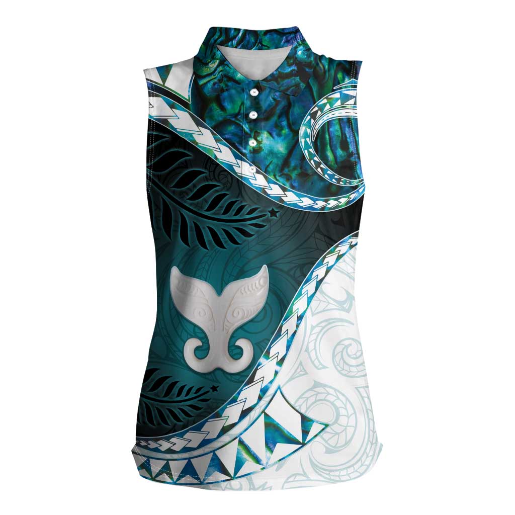 Aotearoa New Zealand Women Sleeveless Polo Shirt Maori Wera Paua Shell Teal Glitter