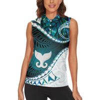 Aotearoa New Zealand Women Sleeveless Polo Shirt Maori Wera Paua Shell Teal Glitter