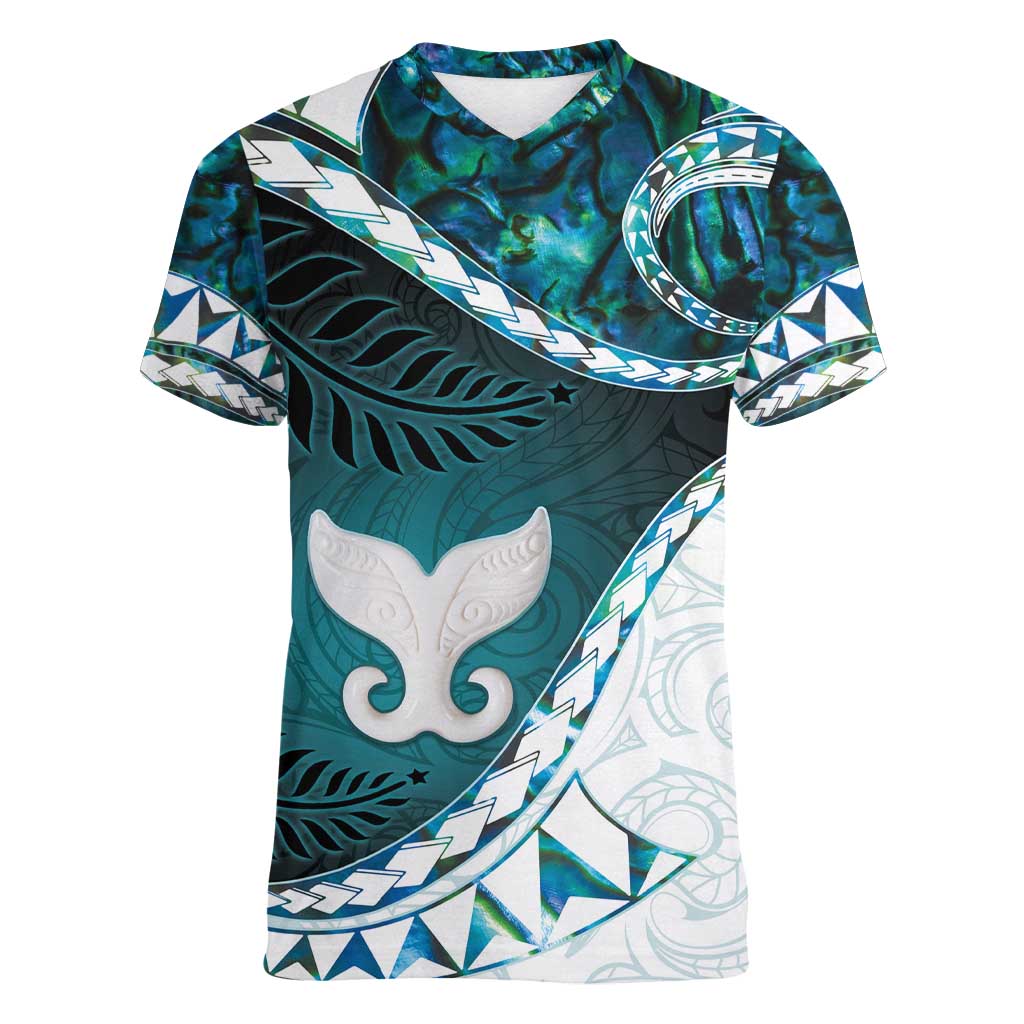 Aotearoa New Zealand Women V-Neck T-Shirt Maori Wera Paua Shell Teal Glitter