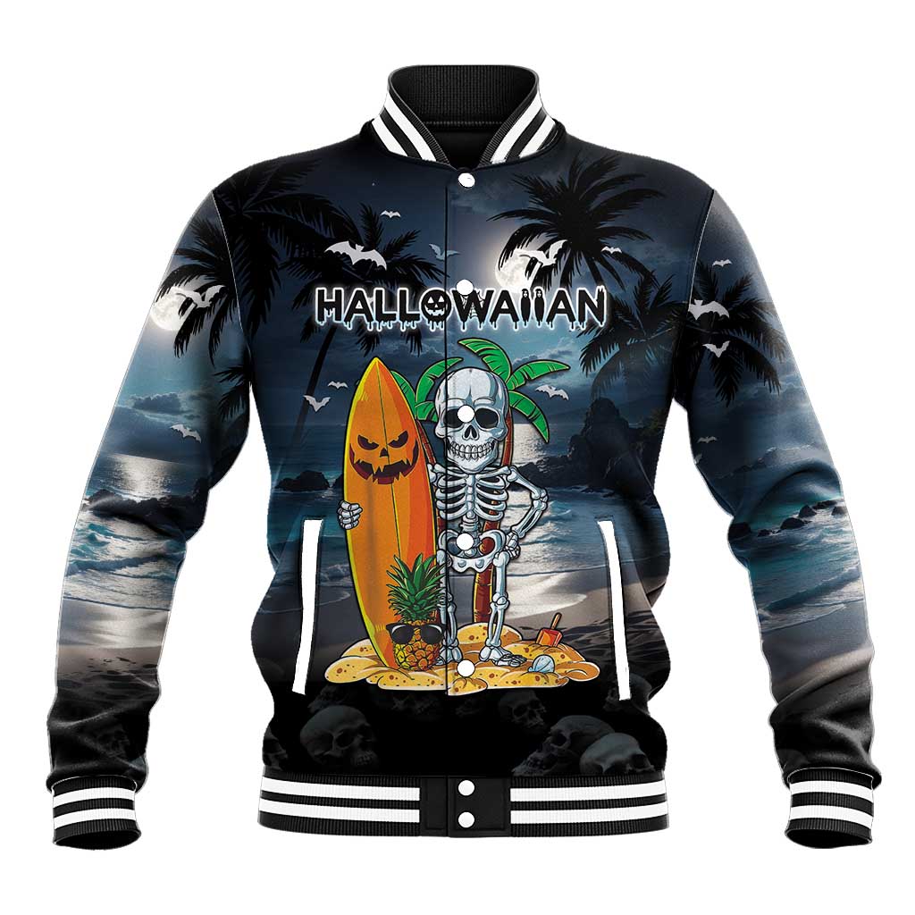 Personalised Hawaii Halloween Baseball Jacket Hallowaiian Skeleton Surf