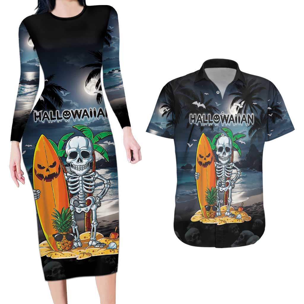 Personalised Hawaii Halloween Couples Matching Long Sleeve Bodycon Dress and Hawaiian Shirt Hallowaiian Skeleton Surf