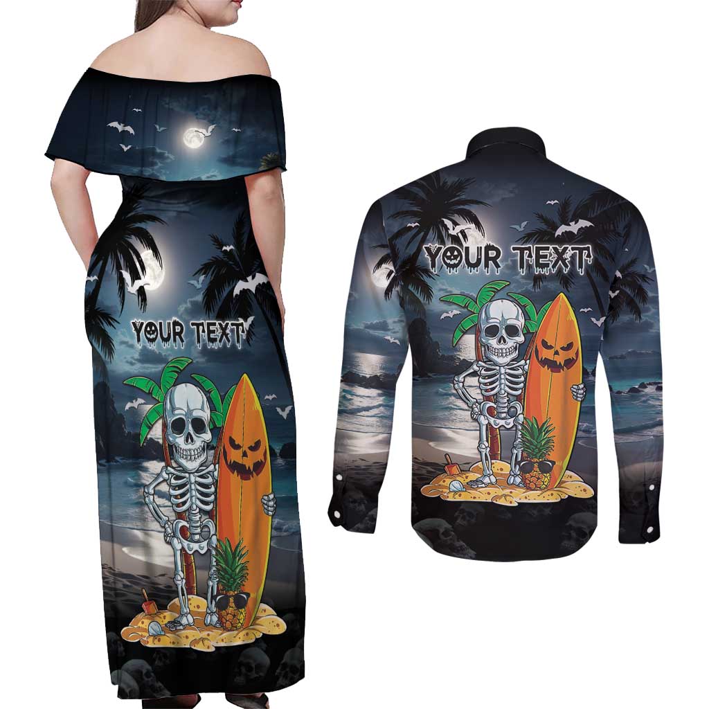 Personalised Hawaii Halloween Couples Matching Off Shoulder Maxi Dress and Long Sleeve Button Shirt Hallowaiian Skeleton Surf LT05 - Polynesian Pride