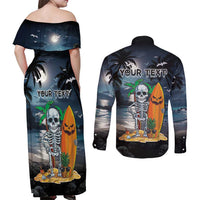 Personalised Hawaii Halloween Couples Matching Off Shoulder Maxi Dress and Long Sleeve Button Shirt Hallowaiian Skeleton Surf LT05 - Polynesian Pride
