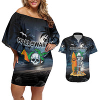 Personalised Hawaii Halloween Couples Matching Off Shoulder Short Dress and Hawaiian Shirt Hallowaiian Skeleton Surf LT05 Black - Polynesian Pride