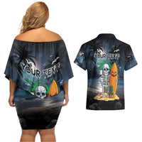 Personalised Hawaii Halloween Couples Matching Off Shoulder Short Dress and Hawaiian Shirt Hallowaiian Skeleton Surf LT05 - Polynesian Pride