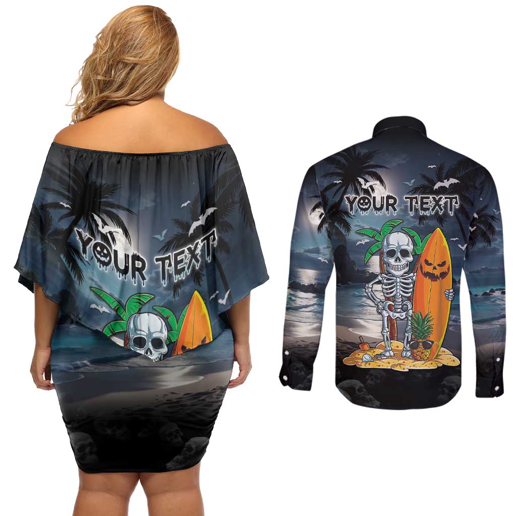 Personalised Hawaii Halloween Couples Matching Off Shoulder Short Dress and Long Sleeve Button Shirt Hallowaiian Skeleton Surf LT05 - Polynesian Pride