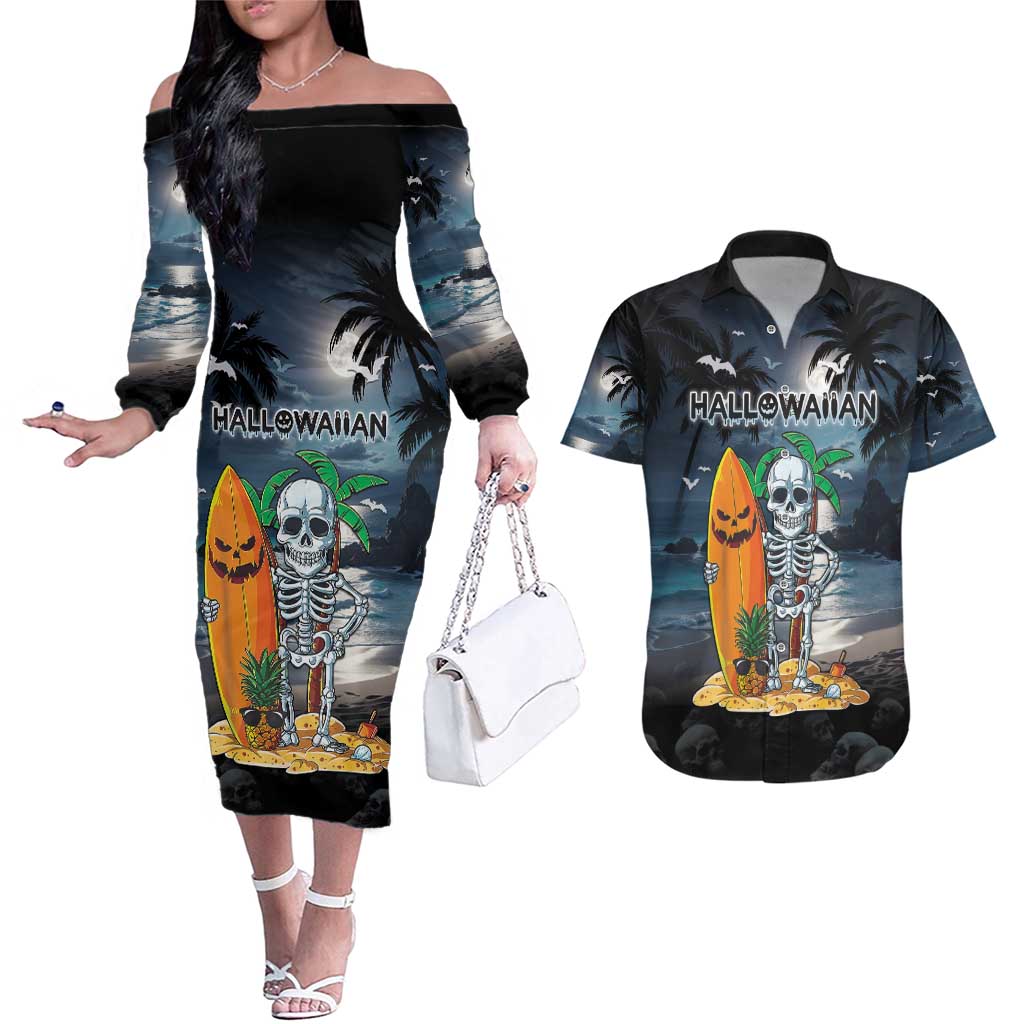 Personalised Hawaii Halloween Couples Matching Off The Shoulder Long Sleeve Dress and Hawaiian Shirt Hallowaiian Skeleton Surf