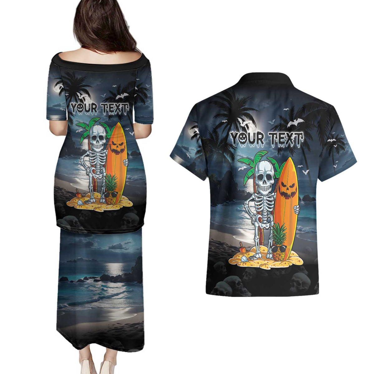 Personalised Hawaii Halloween Couples Matching Puletasi and Hawaiian Shirt Hallowaiian Skeleton Surf LT05 - Polynesian Pride