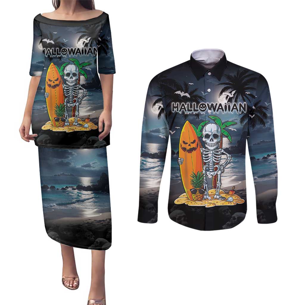Personalised Hawaii Halloween Couples Matching Puletasi and Long Sleeve Button Shirt Hallowaiian Skeleton Surf LT05 Black - Polynesian Pride