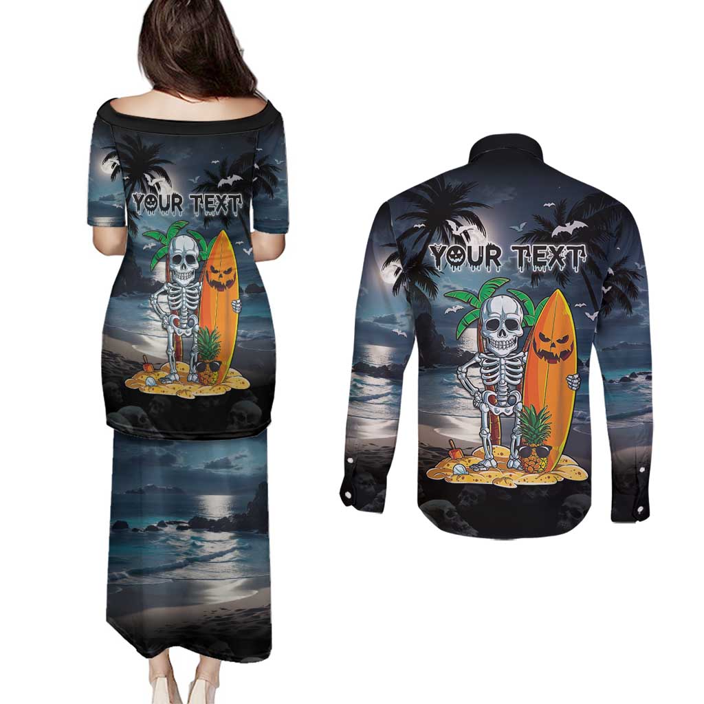 Personalised Hawaii Halloween Couples Matching Puletasi and Long Sleeve Button Shirt Hallowaiian Skeleton Surf LT05 - Polynesian Pride