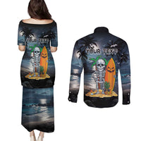 Personalised Hawaii Halloween Couples Matching Puletasi and Long Sleeve Button Shirt Hallowaiian Skeleton Surf LT05 - Polynesian Pride