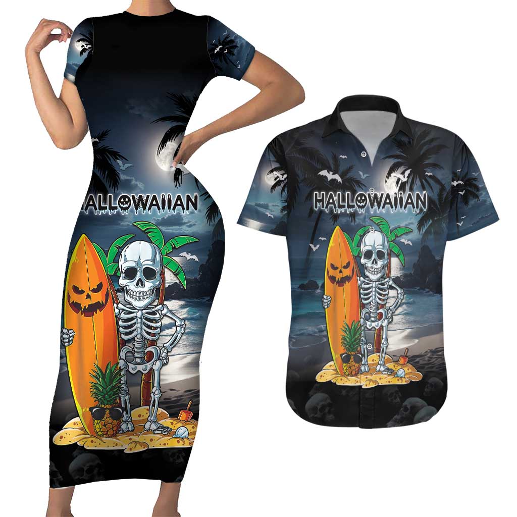 Personalised Hawaii Halloween Couples Matching Short Sleeve Bodycon Dress and Hawaiian Shirt Hallowaiian Skeleton Surf LT05 Black - Polynesian Pride
