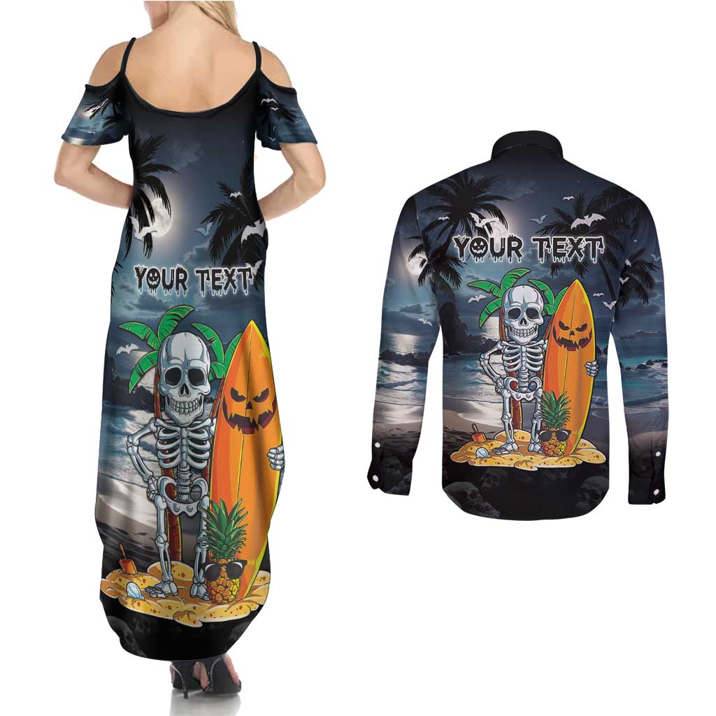 Personalised Hawaii Halloween Couples Matching Summer Maxi Dress and Long Sleeve Button Shirt Hallowaiian Skeleton Surf LT05 - Polynesian Pride