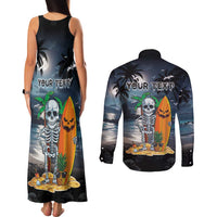 Personalised Hawaii Halloween Couples Matching Tank Maxi Dress and Long Sleeve Button Shirt Hallowaiian Skeleton Surf LT05 - Polynesian Pride