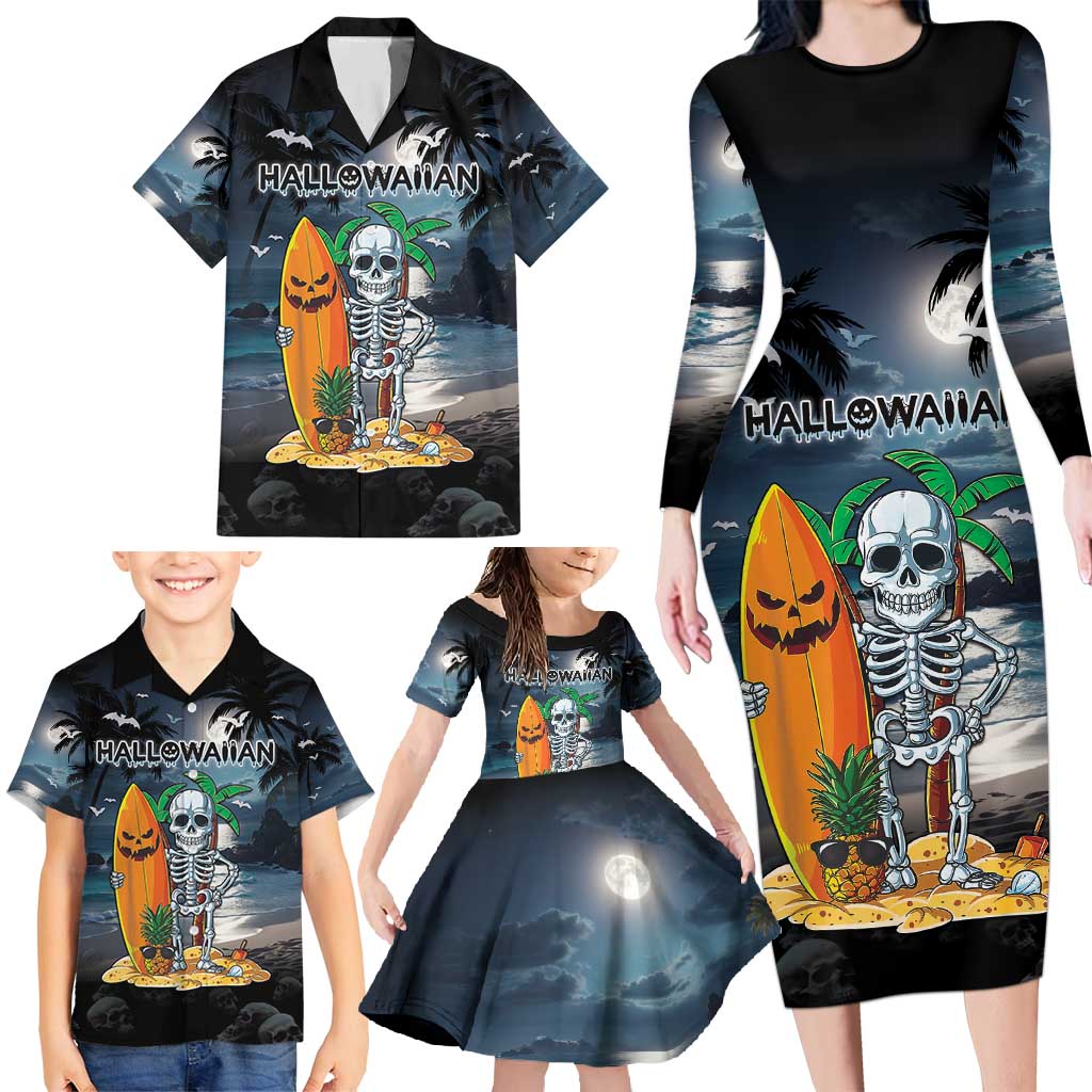 Personalised Hawaii Halloween Family Matching Long Sleeve Bodycon Dress and Hawaiian Shirt Hallowaiian Skeleton Surf