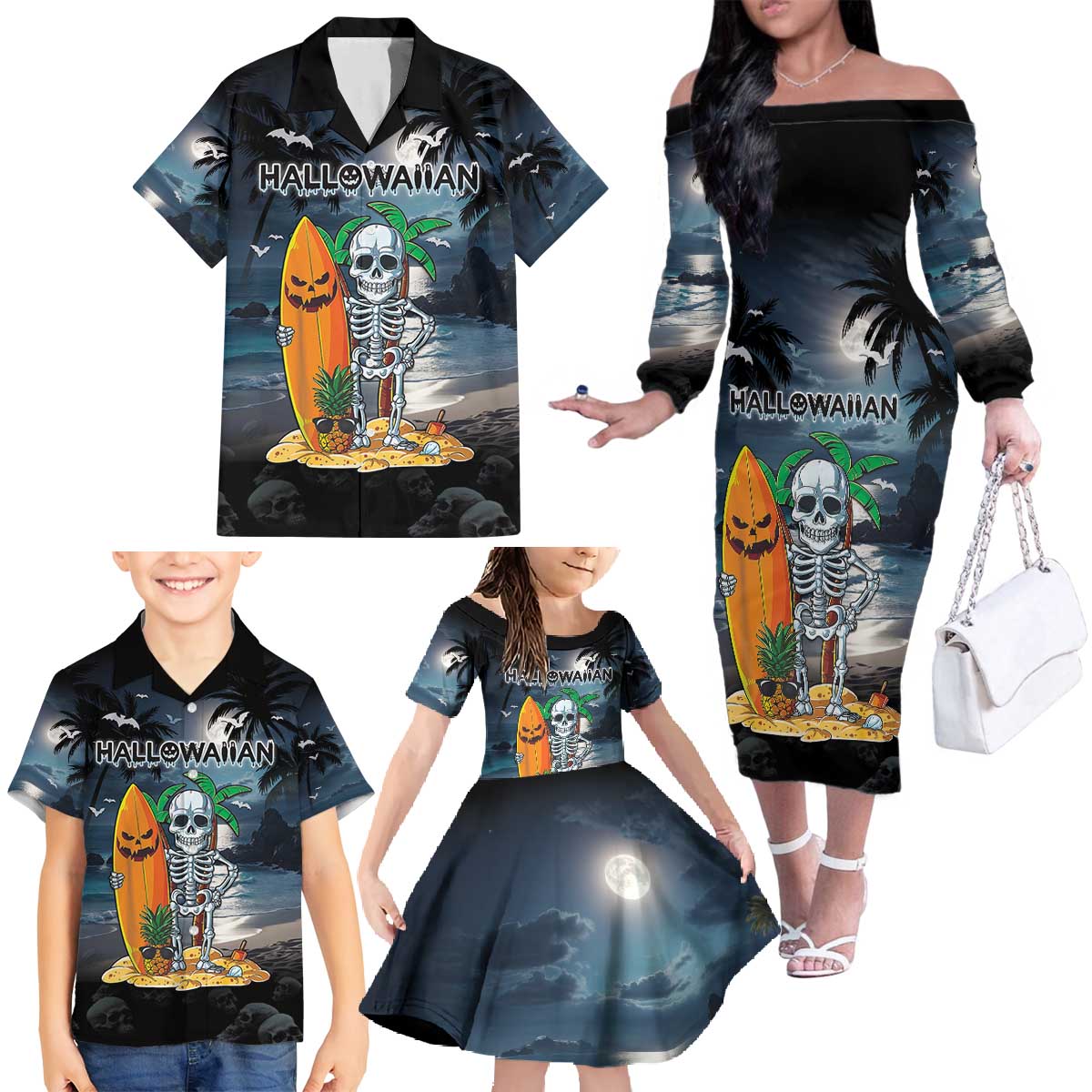 Personalised Hawaii Halloween Family Matching Off The Shoulder Long Sleeve Dress and Hawaiian Shirt Hallowaiian Skeleton Surf