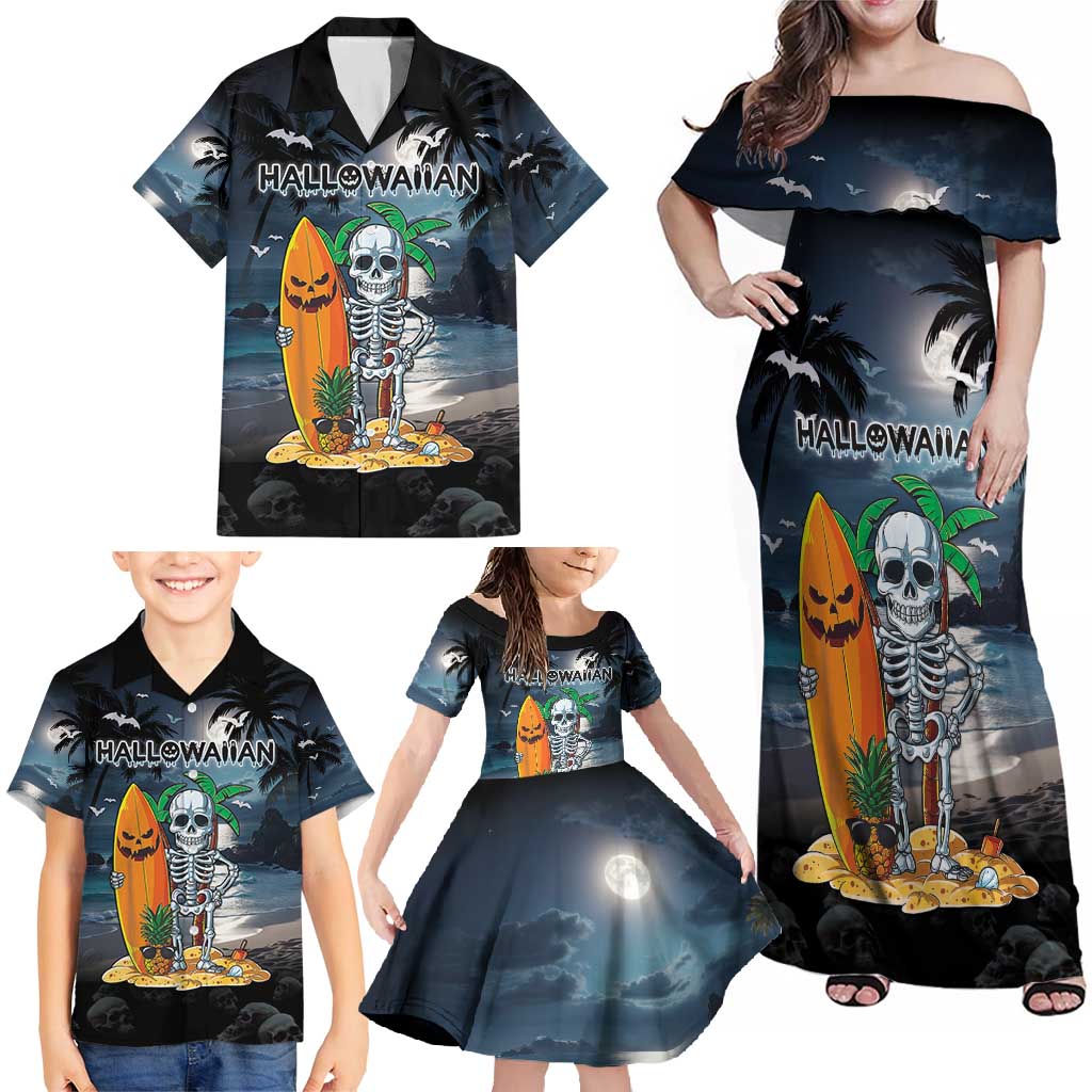 Personalised Hawaii Halloween Family Matching Off Shoulder Maxi Dress and Hawaiian Shirt Hallowaiian Skeleton Surf