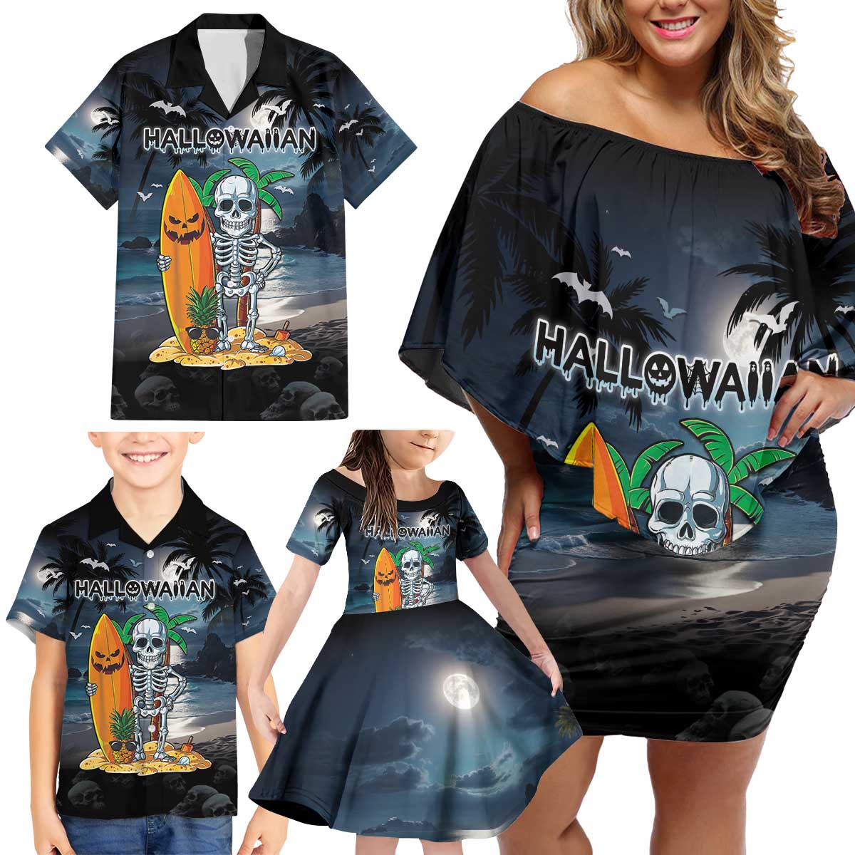 Personalised Hawaii Halloween Family Matching Off Shoulder Short Dress and Hawaiian Shirt Hallowaiian Skeleton Surf