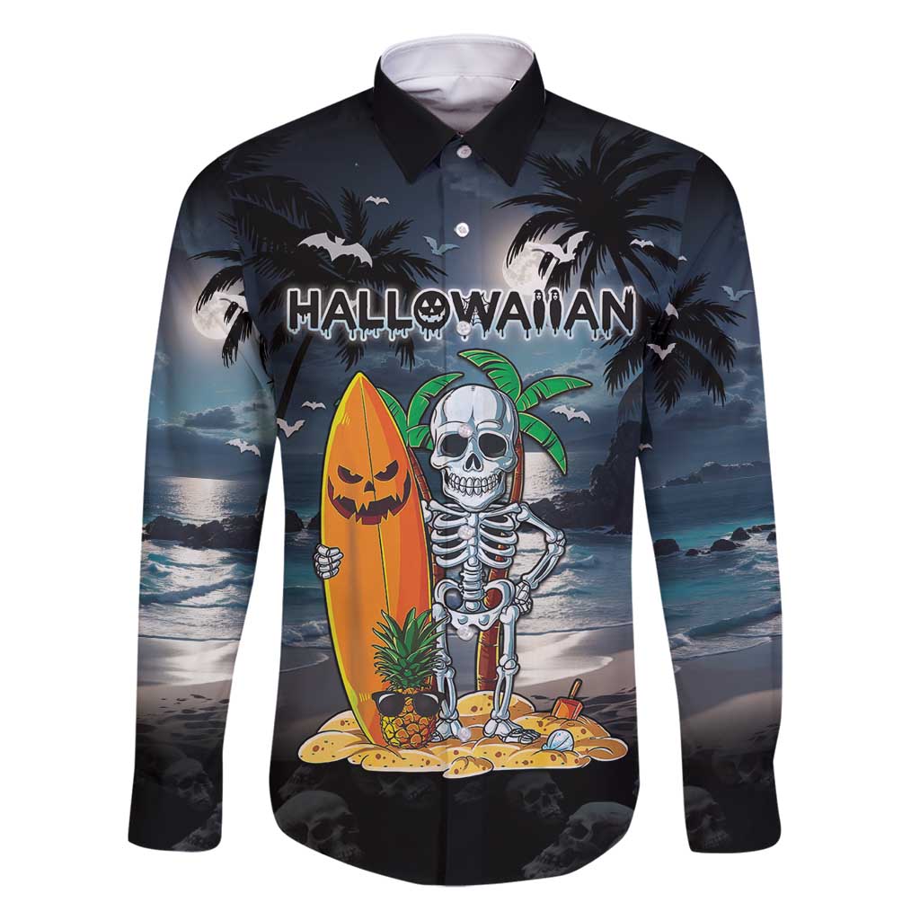 Personalised Hawaii Halloween Family Matching Summer Maxi Dress and Hawaiian Shirt Hallowaiian Skeleton Surf LT05 Dad's Shirt - Long Sleeve Black - Polynesian Pride