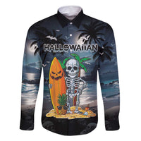 Personalised Hawaii Halloween Family Matching Summer Maxi Dress and Hawaiian Shirt Hallowaiian Skeleton Surf LT05 Dad's Shirt - Long Sleeve Black - Polynesian Pride