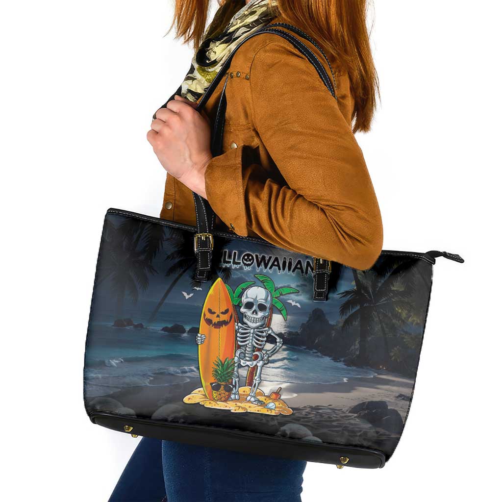 Hawaii Halloween Leather Tote Bag Hallowaiian Skeleton Surf LT05 Black - Polynesian Pride