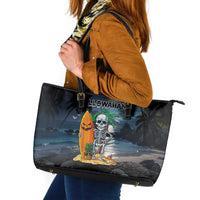 Hawaii Halloween Leather Tote Bag Hallowaiian Skeleton Surf LT05 Black - Polynesian Pride