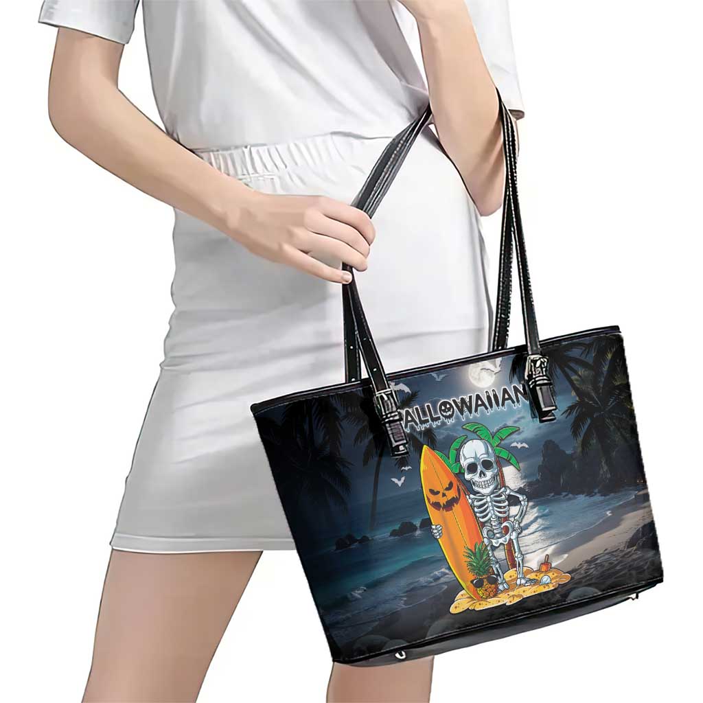 Hawaii Halloween Leather Tote Bag Hallowaiian Skeleton Surf LT05 - Polynesian Pride