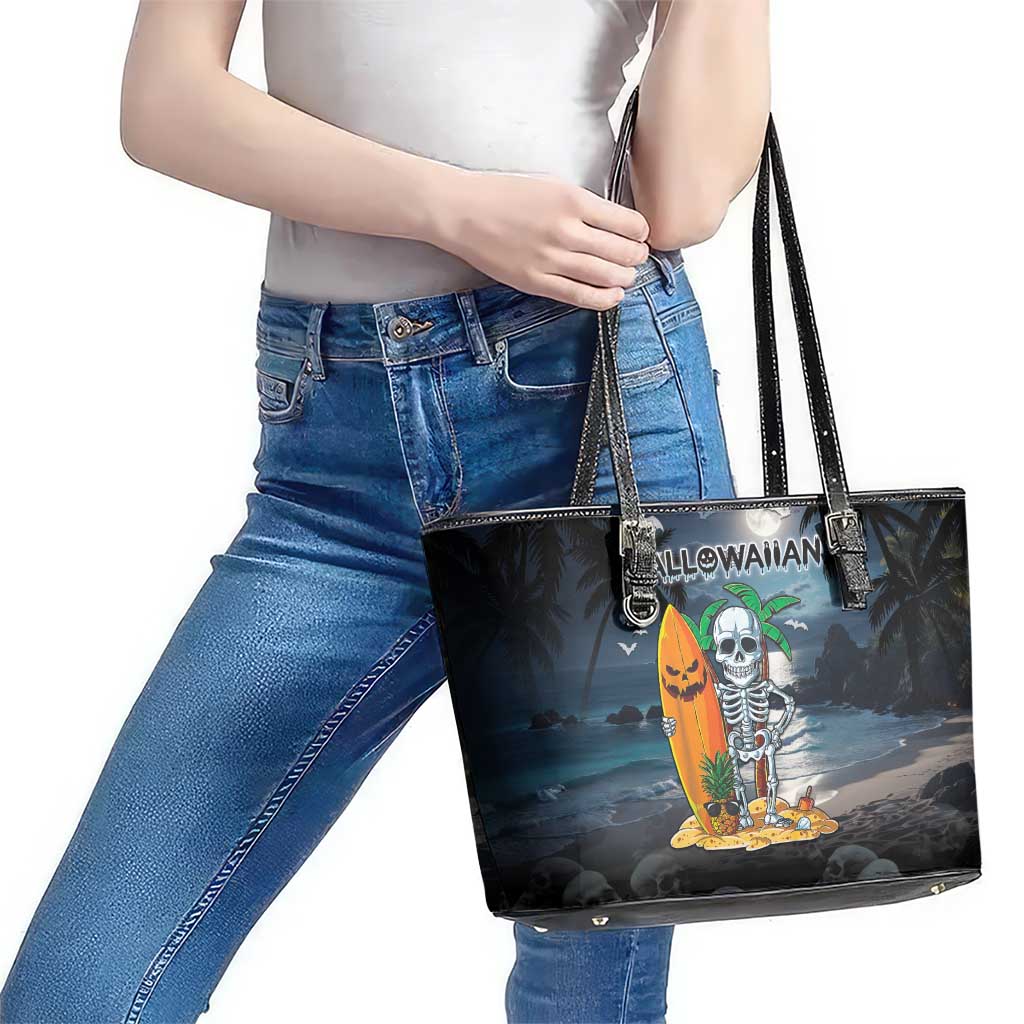 Hawaii Halloween Leather Tote Bag Hallowaiian Skeleton Surf LT05 - Polynesian Pride