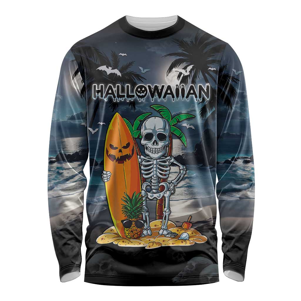 Personalised Hawaii Halloween Long Sleeve Shirt Hallowaiian Skeleton Surf