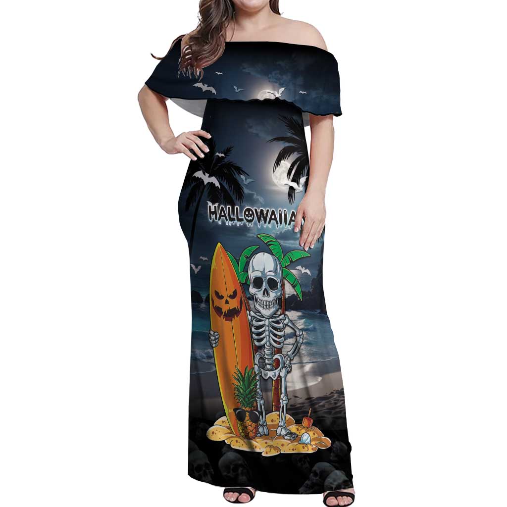 Personalised Hawaii Halloween Off Shoulder Maxi Dress Hallowaiian Skeleton Surf LT05 Women Black - Polynesian Pride