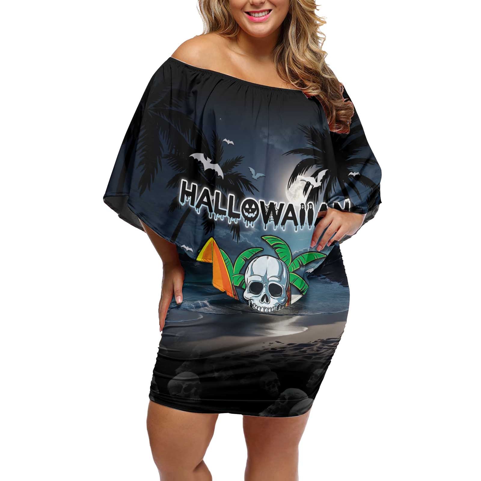 Personalised Hawaii Halloween Off Shoulder Short Dress Hallowaiian Skeleton Surf LT05 Women Black - Polynesian Pride