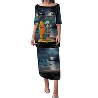 Personalised Hawaii Halloween Puletasi Hallowaiian Skeleton Surf LT05 Long Dress Black - Polynesian Pride