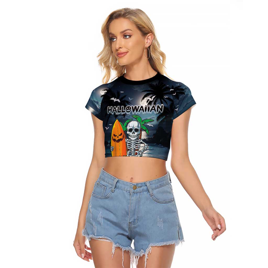 Personalised Hawaii Halloween Raglan Cropped T Shirt Hallowaiian Skeleton Surf LT05 Female Black - Polynesian Pride