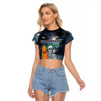 Personalised Hawaii Halloween Raglan Cropped T Shirt Hallowaiian Skeleton Surf LT05 Female Black - Polynesian Pride