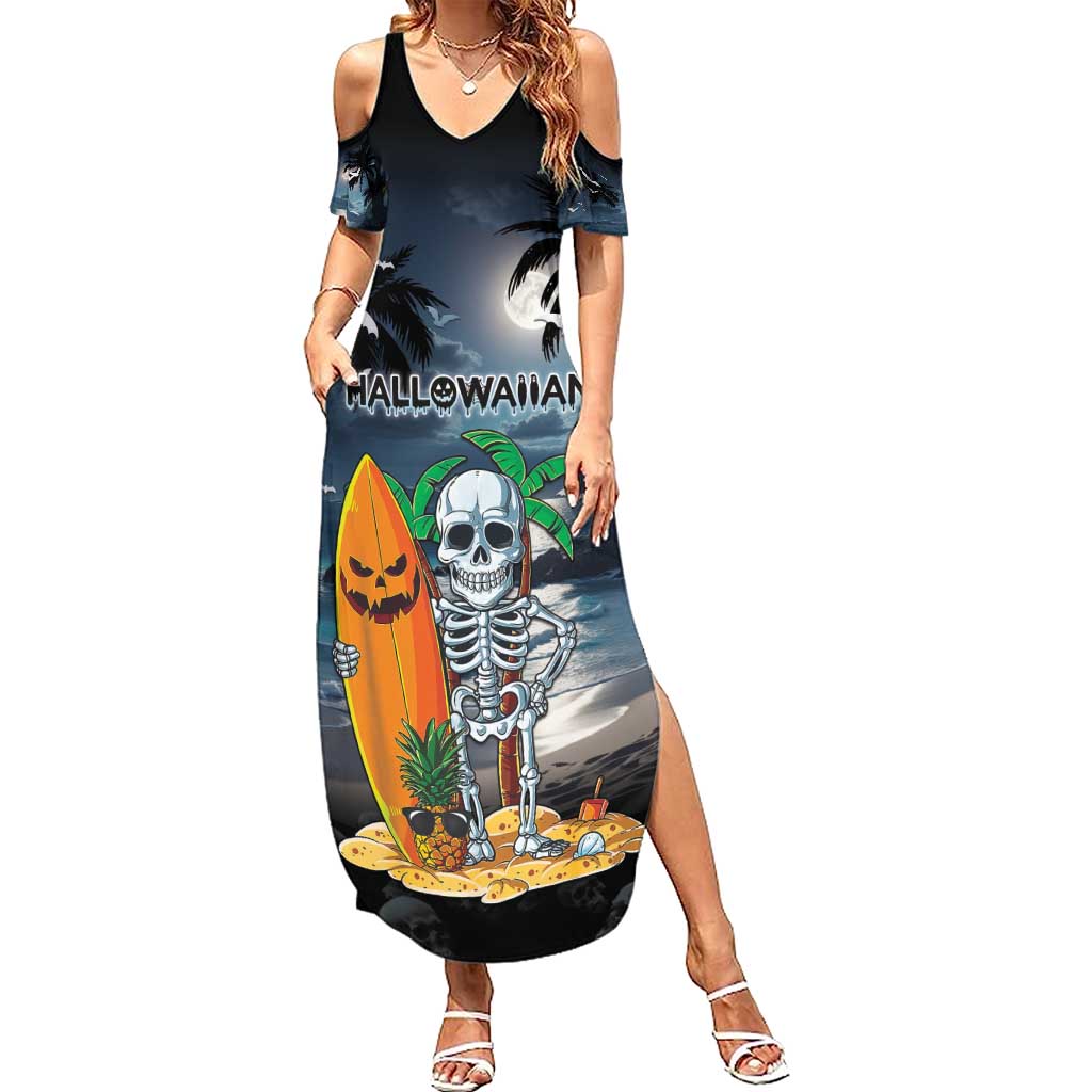 Personalised Hawaii Halloween Summer Maxi Dress Hallowaiian Skeleton Surf LT05 Women Black - Polynesian Pride