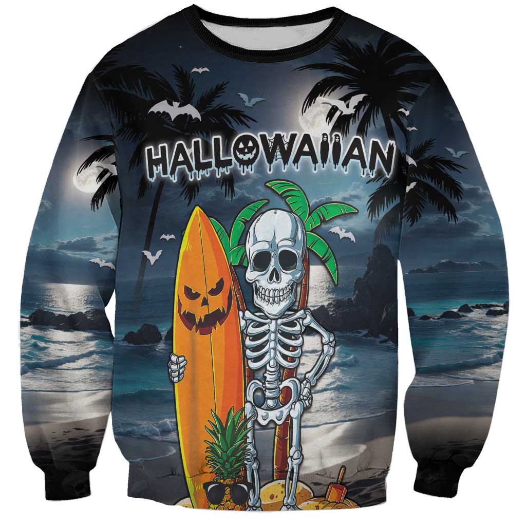 Personalised Hawaii Halloween Sweatshirt Hallowaiian Skeleton Surf LT05 Unisex Black - Polynesian Pride