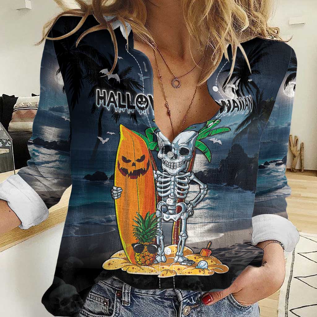 Personalised Hawaii Halloween Women Casual Shirt Hallowaiian Skeleton Surf