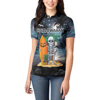 Personalised Hawaii Halloween Women Polo Shirt Hallowaiian Skeleton Surf