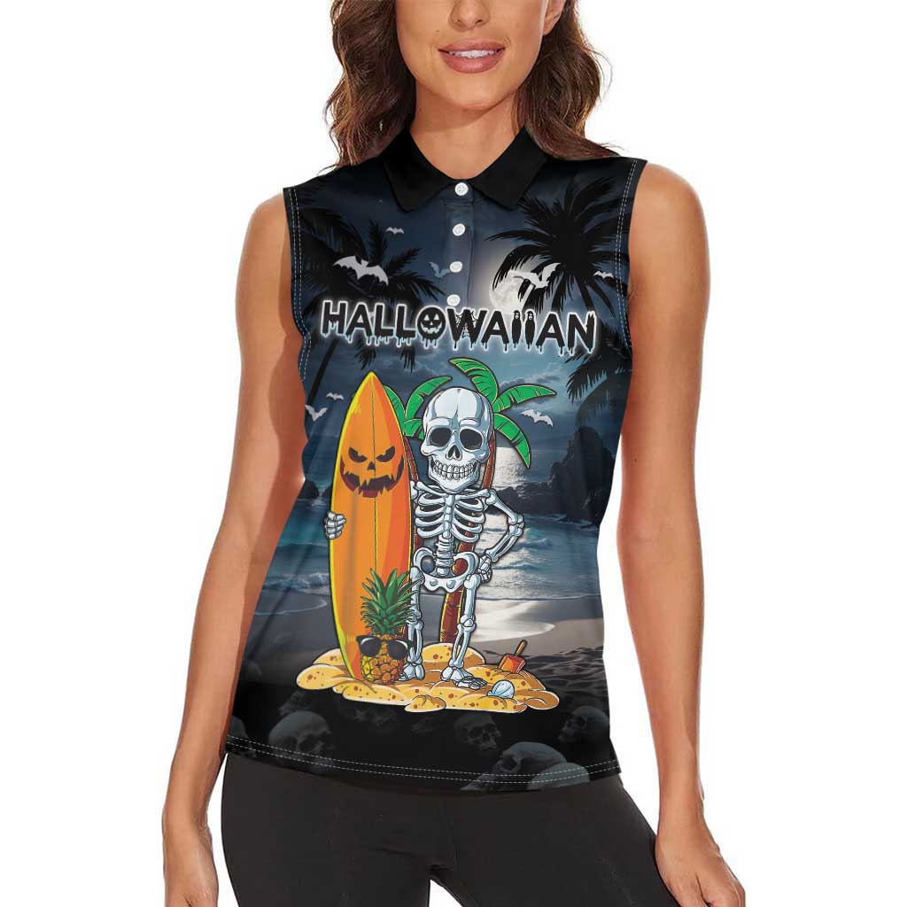 Personalised Hawaii Halloween Women Sleeveless Polo Shirt Hallowaiian Skeleton Surf