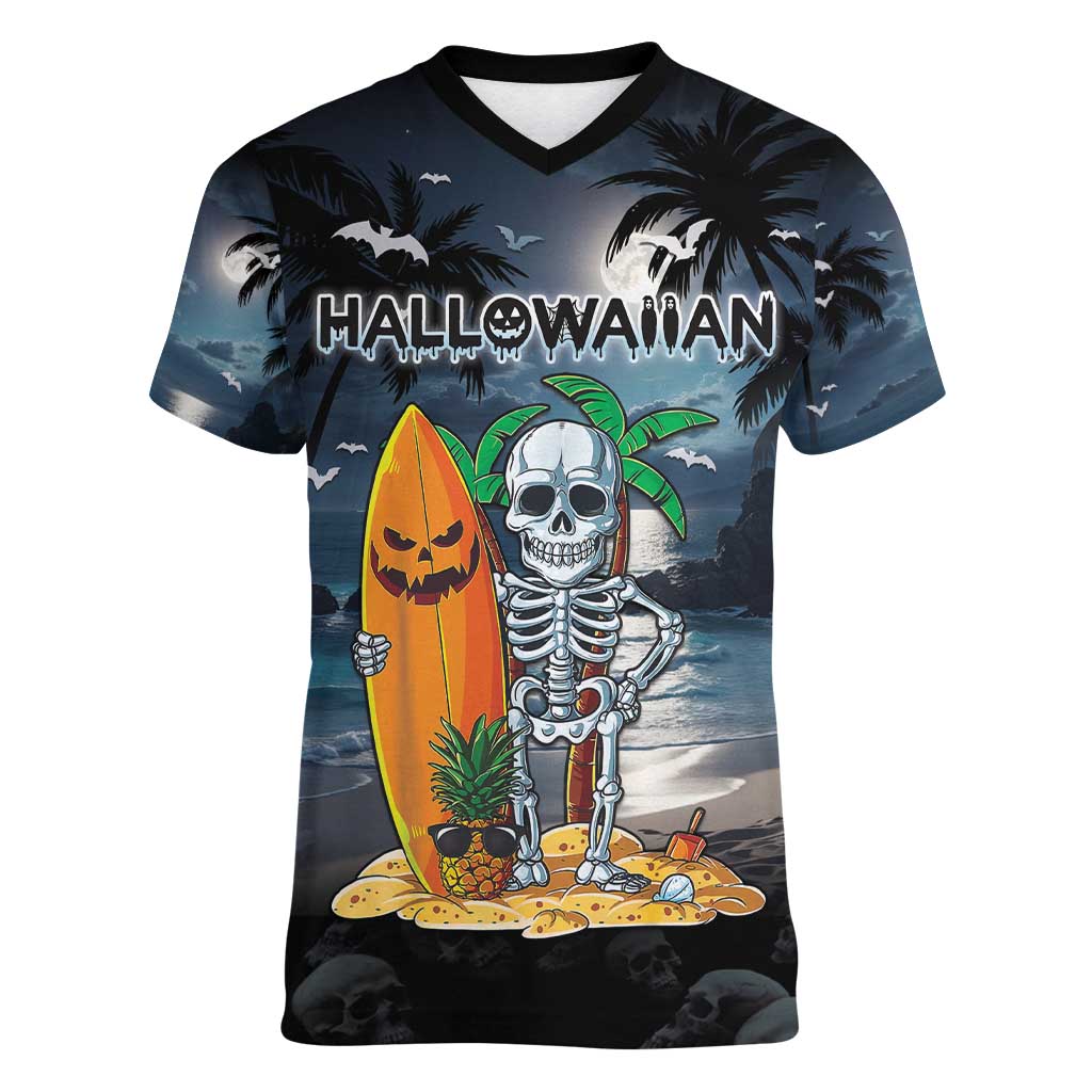 Personalised Hawaii Halloween Women V-Neck T-Shirt Hallowaiian Skeleton Surf LT05 Female Black - Polynesian Pride
