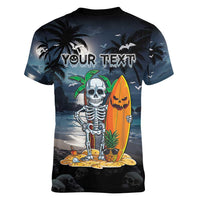 Personalised Hawaii Halloween Women V-Neck T-Shirt Hallowaiian Skeleton Surf LT05 - Polynesian Pride