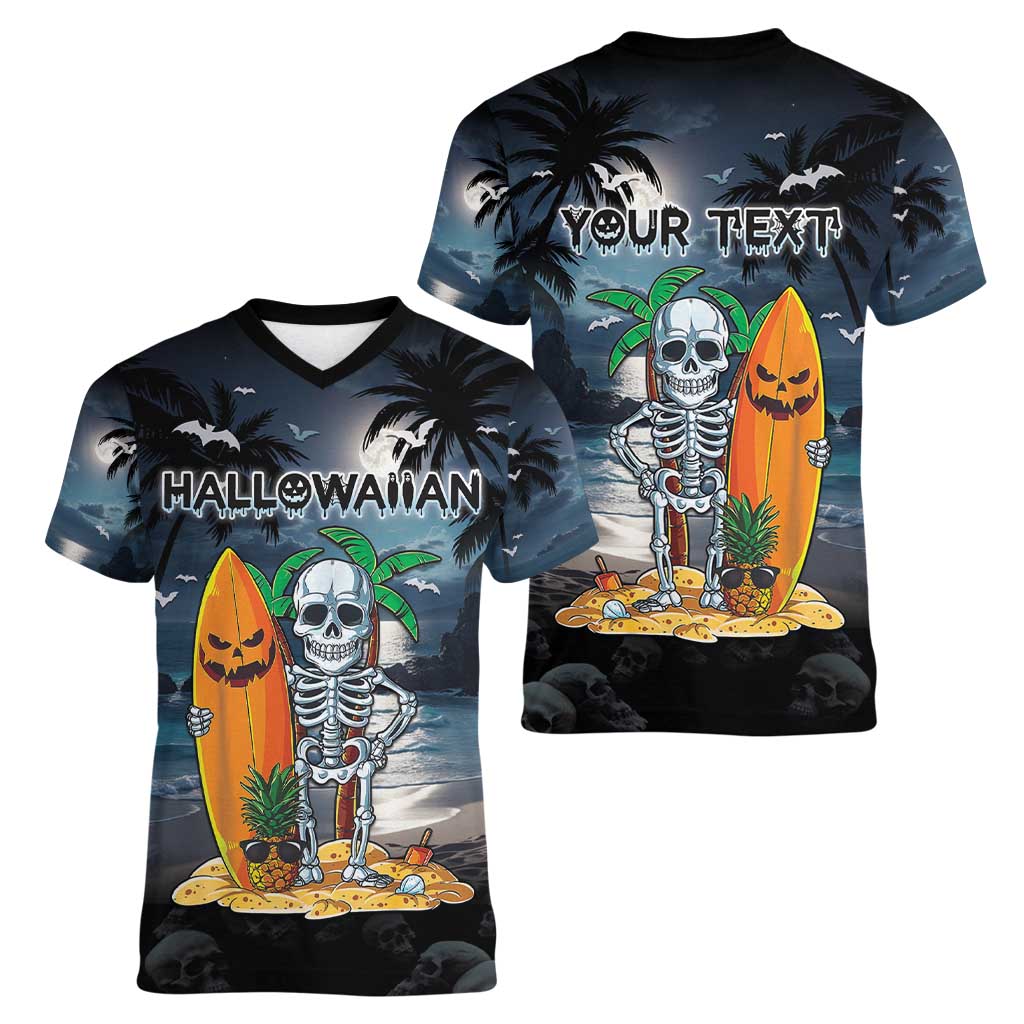Personalised Hawaii Halloween Women V-Neck T-Shirt Hallowaiian Skeleton Surf LT05 - Polynesian Pride