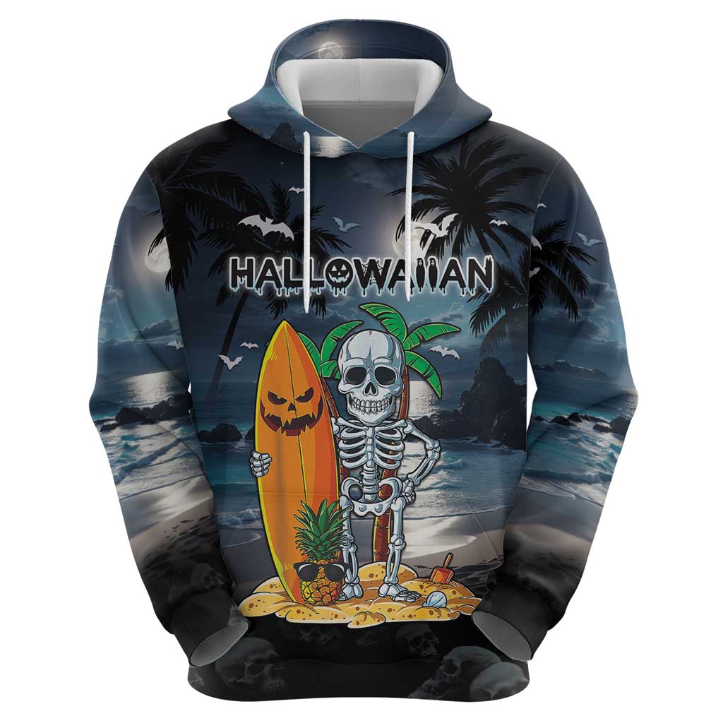 Personalised Hawaii Halloween Zip Hoodie Hallowaiian Skeleton Surf