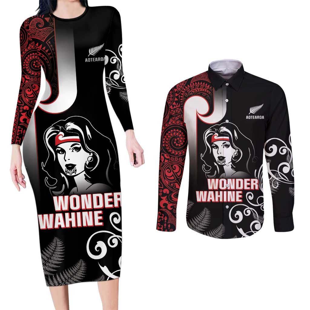 New Zealand Aotearoa Mana Wahine Couples Matching Long Sleeve Bodycon Dress and Long Sleeve Button Shirt LT05 Black - Polynesian Pride