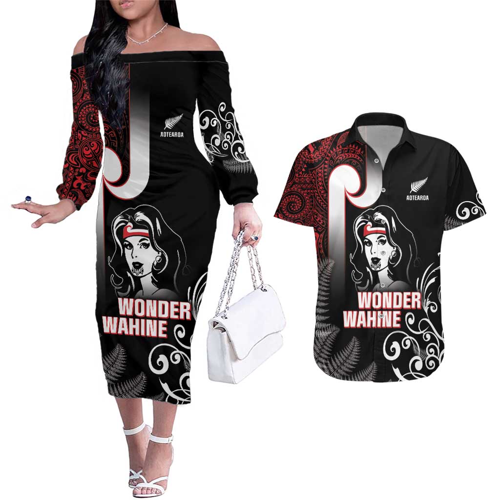 New Zealand Aotearoa Mana Wahine Couples Matching Off The Shoulder Long Sleeve Dress and Hawaiian Shirt